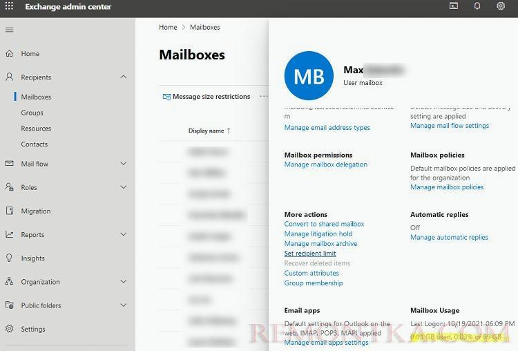exchange online узнать текущий размер ящика пользователя
