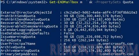 просмотр текущий квот для ящика в exchange online (microsoft 365)