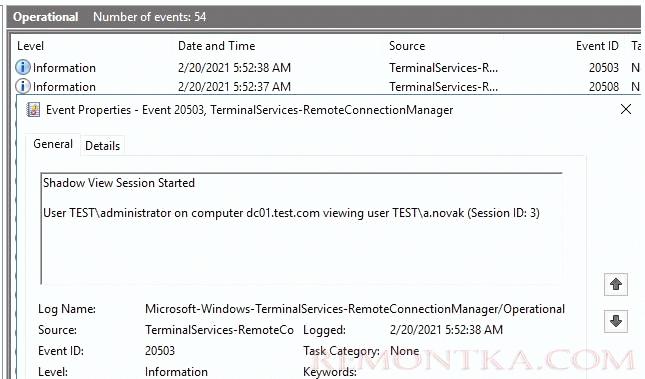 получаем логи rds shadow подключений из журнала событий Microsoft-Windows-TerminalServices-RemoteConnectionManager