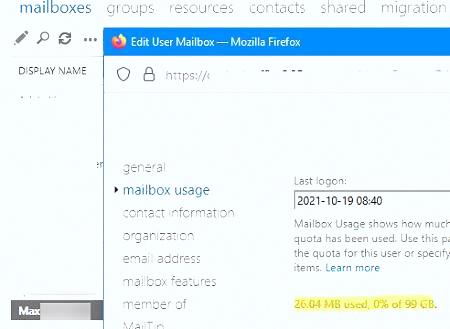 получить размер почтового ящика пользователя в exchange admin center