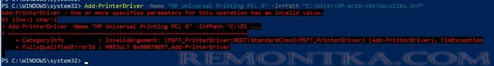 Add-PrinterDriver : One or more specified parameters for this operation has an invalid value