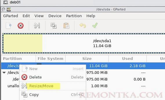 gparted - уменьшить размер раздела в виртуалной машине linux