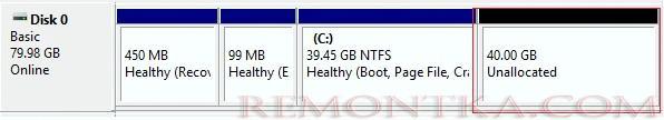 свободная (unallocated) область на диске в windows