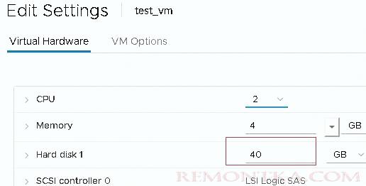 размем виртуального диска в клиенте vmware esxi уменьшился