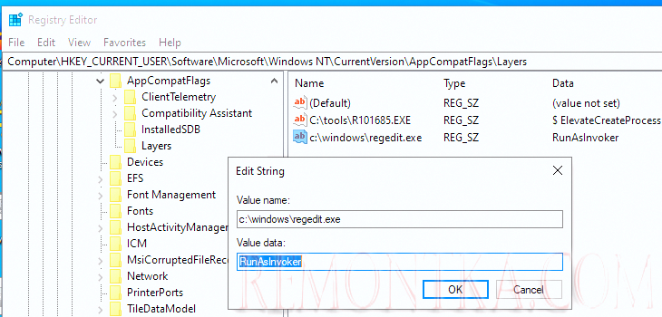 HKEY_CURRENT_USERSoftwareMicrosoftWindows NTCurrentVersionAppCompatFlagsLayers RunAsInvoker