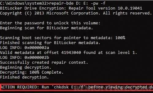 repair-bde восстановить данные с поврежденного диска bitlocker