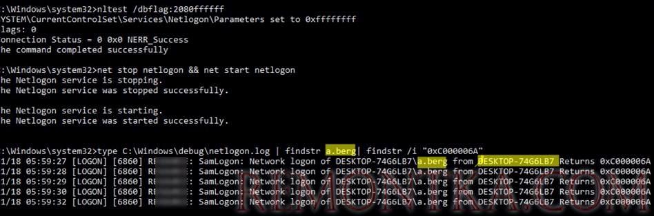 поиск источника блокировки пользователя в логе debugnetlogon.log