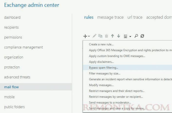 microsoft 365 exchange online добавить транспортное правило bypass spam filter