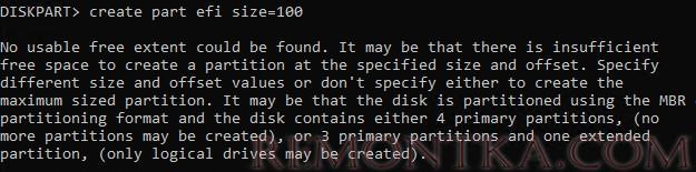 diskpart недостаточно места для создания efi раздела