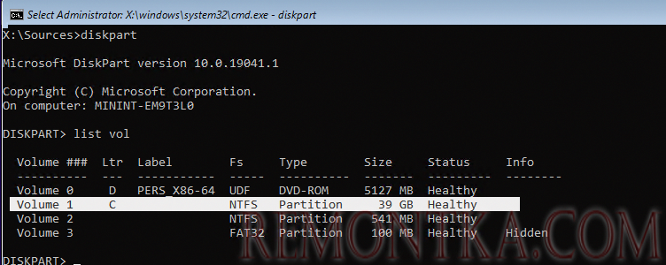 diskpart определить диск с windows