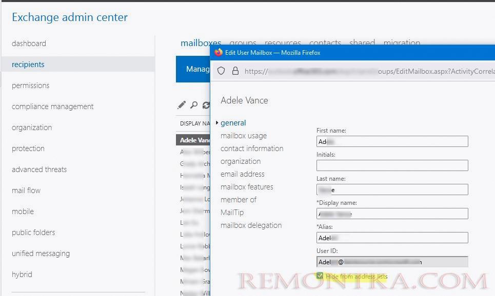 exchange admin center скрыть пользователя или группы рассылки из адресной книги