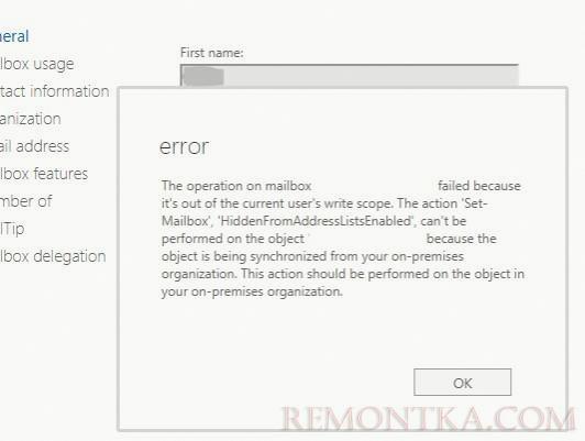 The operation on mailbox failed because it’s out of the current users’s write scope. The action ‘Set-Mailbox’, ‘HiddenFromAddressListsEnabled’, can’t be performed on the object because the object is being synchronized from your on-premises organization