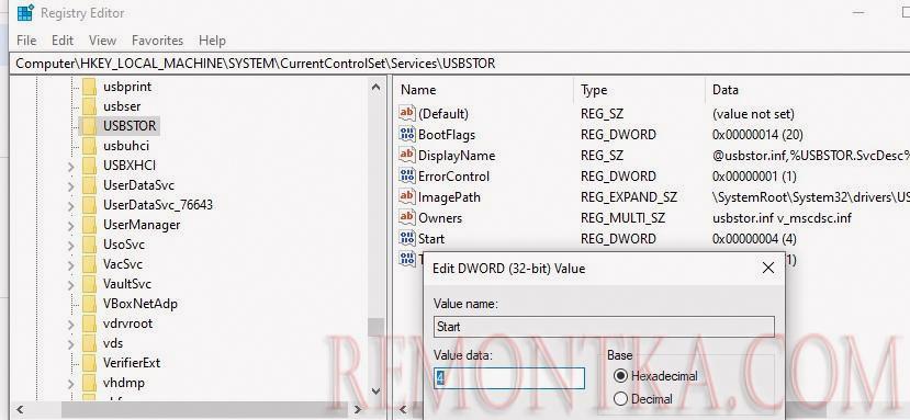 отключить службу USBSTOR в windows 10 через реестр