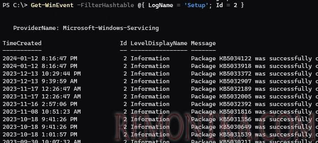 powershell: получить список установленных обновлений