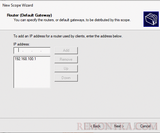 задать адрес шлюза по-умолчанию для dhcp области