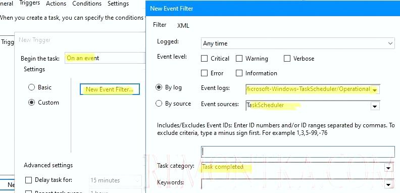 тонкая настройка фильтра события в task scheduler