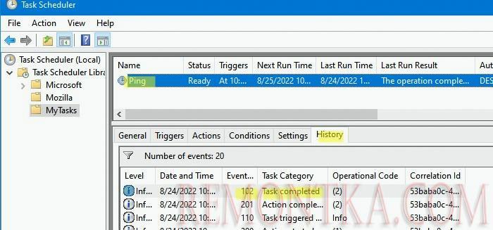 событие 102 появляется при успешном завершении задания планировщика