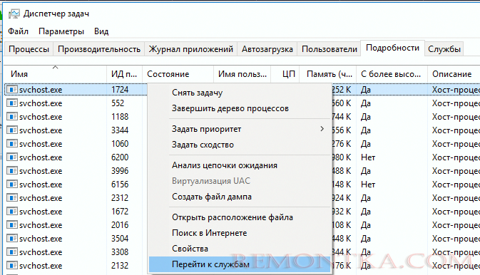 svchost.exe перейти к службам