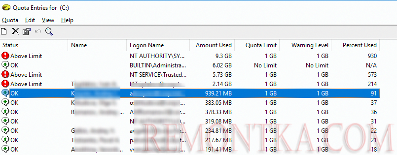список действующих NTFS квот на диск для всех пользователей windows