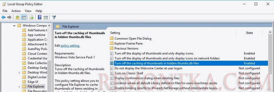 групповые политики - отключить создание файла thumbs.db в сетевых папках windows 10