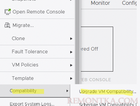 пункт контекстного меню виртуальной машины пункт Compatibility -> Upgrade VM Compatibility.