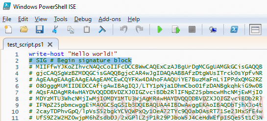 PS1 файл с блоком цифровой подписи # SIG # Begin signature block