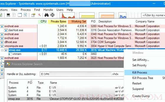 process explorer завершить процесс vmwp зависшей виртуальонй машины hyper-v