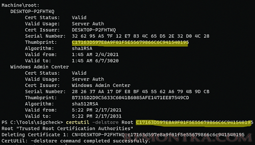 certutil - удалить сертификат по отпечатку thumbprint