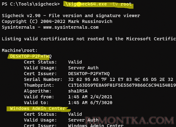 sigcheck64.exe проверить хранилище сертфикатов windows