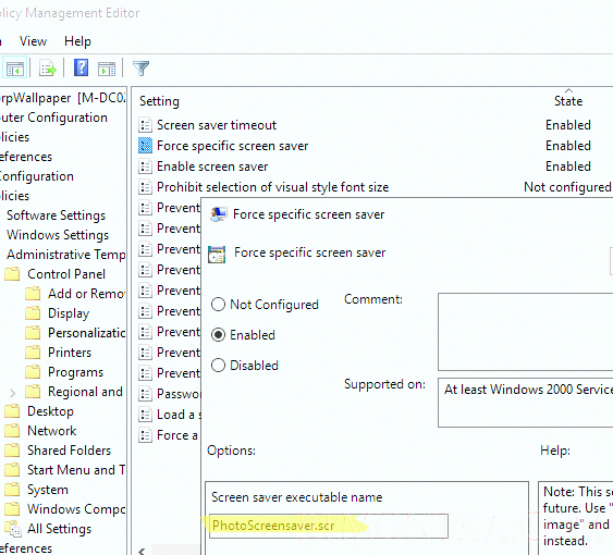 Задать скринсейвер PhotoScreensaver.scr с помощью групповой политики
