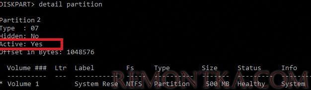 diskpart сделать раздел активным active:yes
