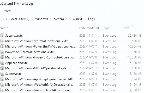 Каталог System32WinevtLogs с EVTX логами WIndows 