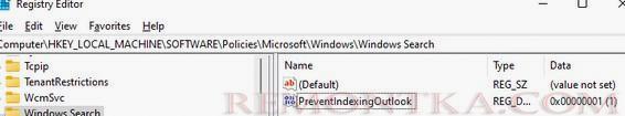 параметр реестра PreventIndexingOutlook