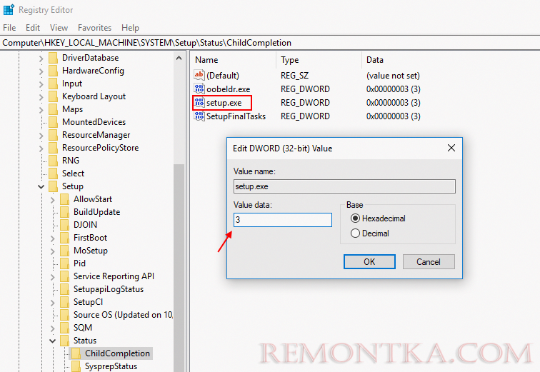 HKEY_LOCAL_MACHINESYSTEMSetupStatusChildCompletionsetup.exe 3