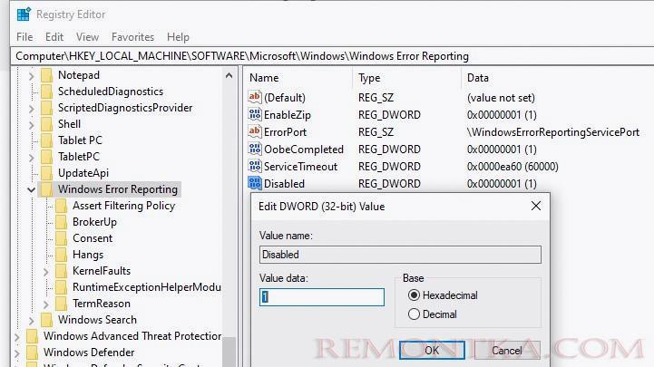 отключить windows error reporting через системный реестр