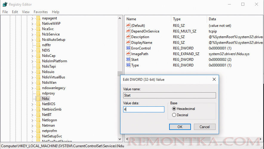 отключение NDU - HKEY_LOCAL_MACHINESYSTEMControlSet001ServicesNdu 