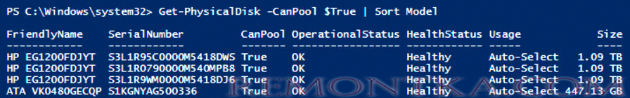 Get-PhysicalDisk –CanPool $True | Sort Model