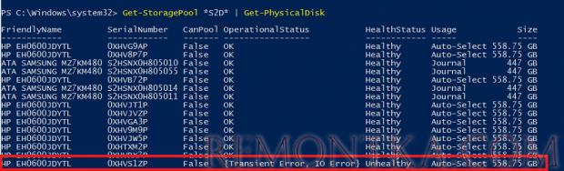 Get-StoragePool *S2D* | Get-PhysicalDisk