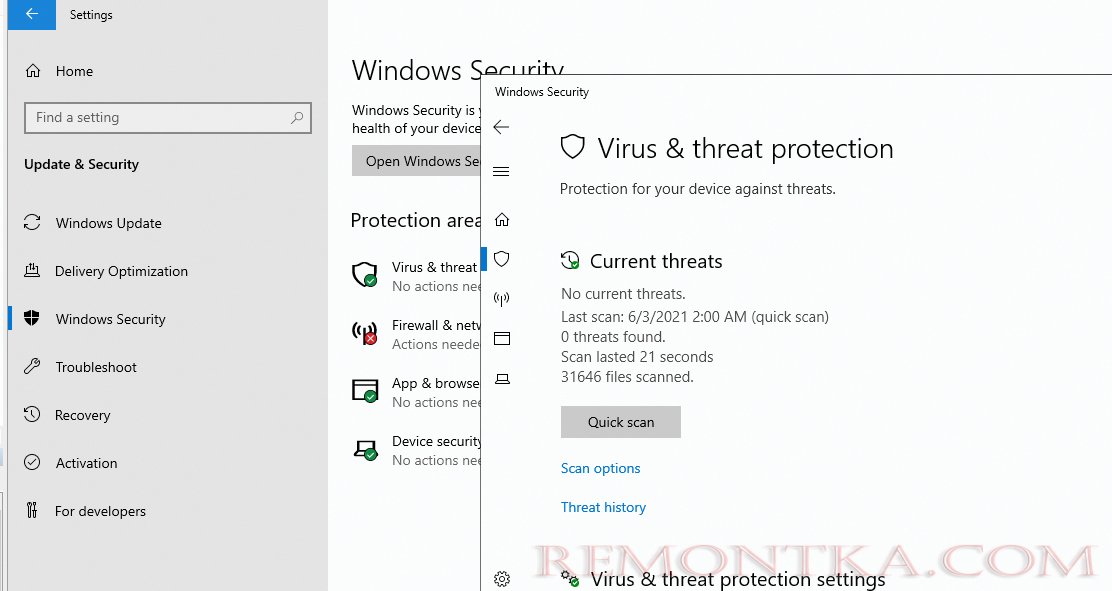 Панель управления Virus and threat protection в Windows Server 2019