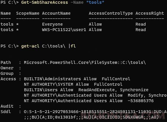 проверьте разрешения доступа на сетевую папку с помощью powershell