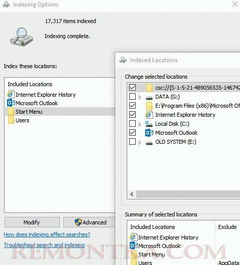 настройки индексирования в windows