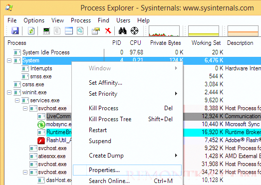 свойства процесса system в process explorer