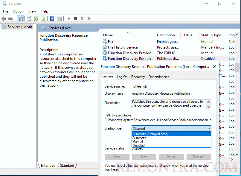 служба Function Discovery Resource Publication отключена