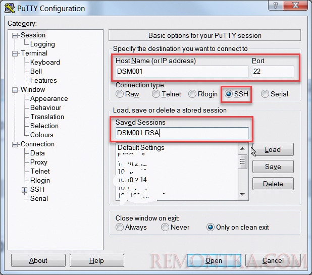 putty новое подключение к Synology DSM