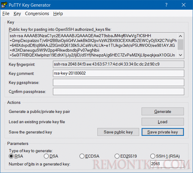 PuTTYgen генерация rsa ключей