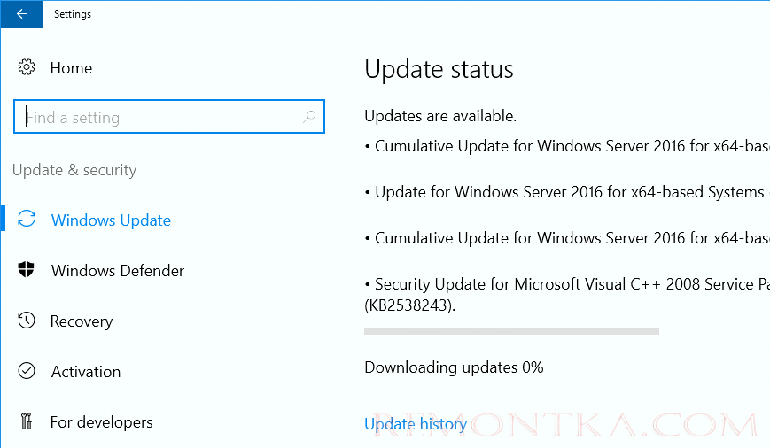 Downloading Updates 0% windows server 2016