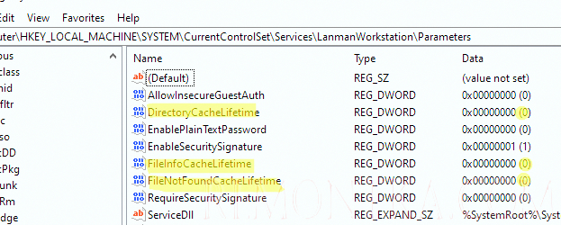 отключить использование кэша для общих сетевых папок с помощью параметра реестра DirectoryCacheLifetime