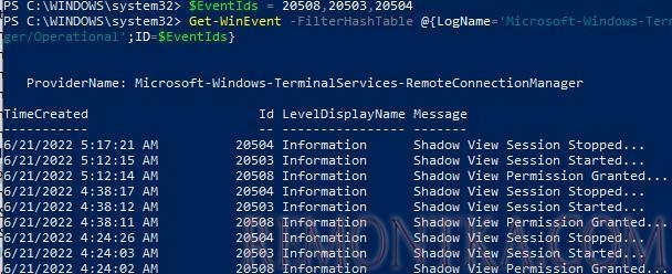 powershell скрипт для получения истории (логов) теневых подключений в windows