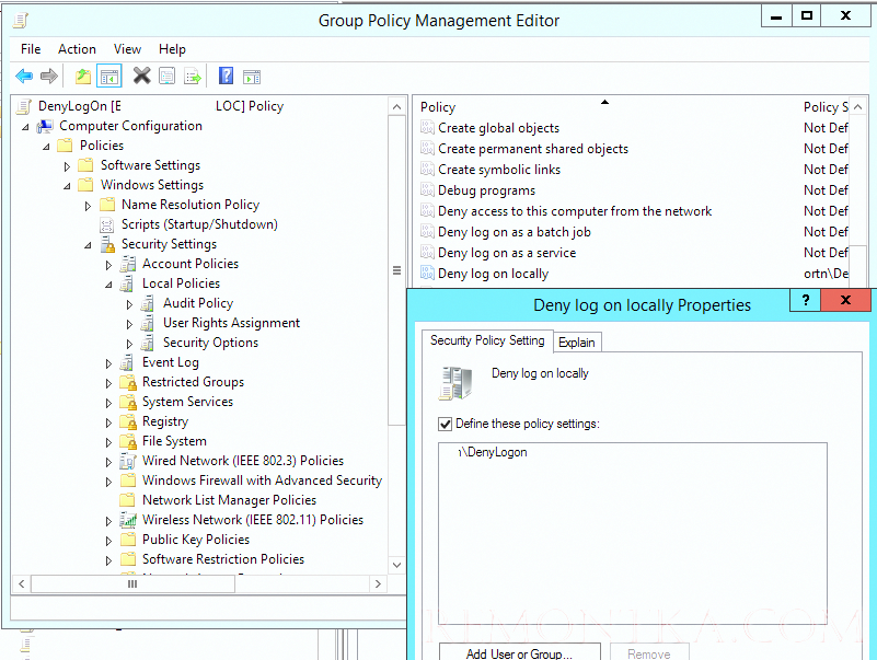 политика Deny log on locally (Запретить локальный вход)