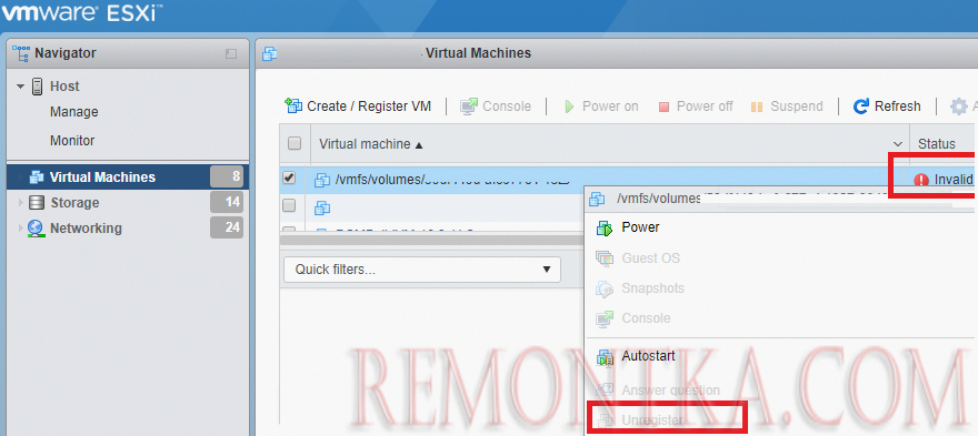 Invalid виртуальная машина на vmware esxi